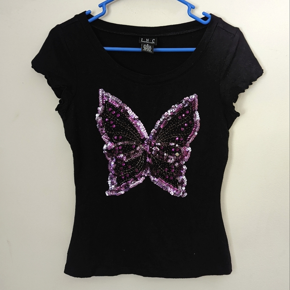 Y2K style butterfly sequin shirt
